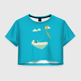 Женская футболка Crop-top 3D с принтом ОБИТАТЕЛИ АНТАРКТИКИ в Екатеринбурге, 100% полиэстер | круглая горловина, длина футболки до линии талии, рукава с отворотами | белый медведь | воздушный змей | детский рисунок | мультяшный персонаж | небо голубое | облака | пингвин | рисунок