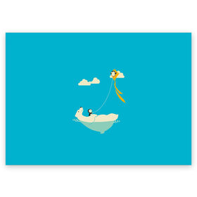 Поздравительная открытка с принтом ОБИТАТЕЛИ АНТАРКТИКИ в Екатеринбурге, 100% бумага | плотность бумаги 280 г/м2, матовая, на обратной стороне линовка и место для марки
 | Тематика изображения на принте: белый медведь | воздушный змей | детский рисунок | мультяшный персонаж | небо голубое | облака | пингвин | рисунок