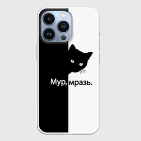 Чехол для iPhone 13 Pro с принтом Черный кот в Екатеринбурге,  |  | Тематика изображения на принте: буквы | глаза | кот | котик | кошка | минимал | надпись | настроение | простая надпись | текст | черно белое | черный кот | черный фон