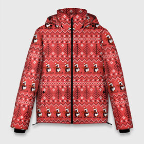 Мужская зимняя куртка 3D с принтом Новогодние пингвины в Екатеринбурге, верх — 100% полиэстер; подкладка — 100% полиэстер; утеплитель — 100% полиэстер | длина ниже бедра, свободный силуэт Оверсайз. Есть воротник-стойка, отстегивающийся капюшон и ветрозащитная планка. 

Боковые карманы с листочкой на кнопках и внутренний карман на молнии. | Тематика изображения на принте: 