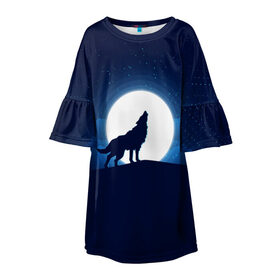 Детское платье 3D с принтом Воющий на луну в Екатеринбурге, 100% полиэстер | прямой силуэт, чуть расширенный к низу. Круглая горловина, на рукавах — воланы | волк вобщий на луну | звезды | луна | небо | ночное небо | полнолуние