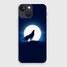 Чехол для iPhone 13 mini с принтом Воющий на луну в Екатеринбурге,  |  | Тематика изображения на принте: волк вобщий на луну | звезды | луна | небо | ночное небо | полнолуние