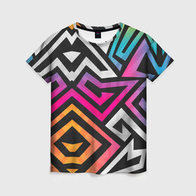 Женская футболка 3D с принтом GRAFFITY в Екатеринбурге, 100% полиэфир ( синтетическое хлопкоподобное полотно) | прямой крой, круглый вырез горловины, длина до линии бедер | абстракция | геометрия | ломаные линии | неон | полоски | разноцветный принт | яркие цвета