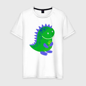 Мужская футболка хлопок с принтом Зеленый дракончик-динозаврик в Екатеринбурге, 100% хлопок | прямой крой, круглый вырез горловины, длина до линии бедер, слегка спущенное плечо. | Тематика изображения на принте: dino | волшебный | дино | динозавр | динозаврик | дракон | дракончик | дракоша | змей горыныч | змея | змий | малыш | милашка | милый | парк юрского периода | сказка | сказочный | фэнтези