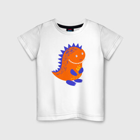 Детская футболка хлопок с принтом Оранжевый дракончин-динозаврик в Екатеринбурге, 100% хлопок | круглый вырез горловины, полуприлегающий силуэт, длина до линии бедер | Тематика изображения на принте: dino | волшебный | дино | динозавр | динозаврик | дракон | дракончик | дракоша | змей горыныч | змея | змий | малыш | милашка | милый | парк юрского периода | сказка | сказочный | фэнтези