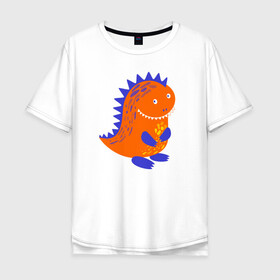 Мужская футболка хлопок Oversize с принтом Оранжевый дракончин-динозаврик в Екатеринбурге, 100% хлопок | свободный крой, круглый ворот, “спинка” длиннее передней части | Тематика изображения на принте: dino | волшебный | дино | динозавр | динозаврик | дракон | дракончик | дракоша | змей горыныч | змея | змий | малыш | милашка | милый | парк юрского периода | сказка | сказочный | фэнтези
