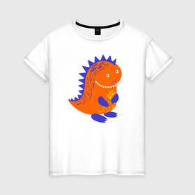 Женская футболка хлопок с принтом Оранжевый дракончин-динозаврик в Екатеринбурге, 100% хлопок | прямой крой, круглый вырез горловины, длина до линии бедер, слегка спущенное плечо | dino | волшебный | дино | динозавр | динозаврик | дракон | дракончик | дракоша | змей горыныч | змея | змий | малыш | милашка | милый | парк юрского периода | сказка | сказочный | фэнтези