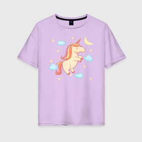 Женская футболка хлопок Oversize с принтом Happy unicorn в Екатеринбурге, 100% хлопок | свободный крой, круглый ворот, спущенный рукав, длина до линии бедер
 | moon | unicorn | единорог | звезды | месяц | облачка