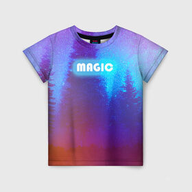Детская футболка 3D с принтом MAGIC в Екатеринбурге, 100% гипоаллергенный полиэфир | прямой крой, круглый вырез горловины, длина до линии бедер, чуть спущенное плечо, ткань немного тянется | звездное небо | зимний вечер | неоновая надпись | ночное небо | снег