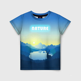 Детская футболка 3D с принтом NATURE в Екатеринбурге, 100% гипоаллергенный полиэфир | прямой крой, круглый вырез горловины, длина до линии бедер, чуть спущенное плечо, ткань немного тянется | горы | закат | лес | ночное небо | озеро в лесу | олень в лесу | природа | солнце