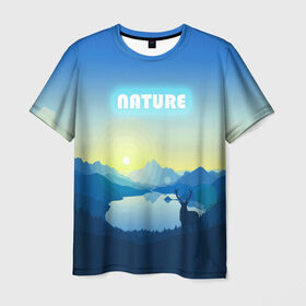 Мужская футболка 3D с принтом NATURE в Екатеринбурге, 100% полиэфир | прямой крой, круглый вырез горловины, длина до линии бедер | горы | закат | лес | ночное небо | озеро в лесу | олень в лесу | природа | солнце