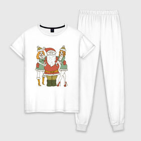 Женская пижама хлопок с принтом Дед Мороз и Снегурочки в Екатеринбурге, 100% хлопок | брюки и футболка прямого кроя, без карманов, на брюках мягкая резинка на поясе и по низу штанин | 