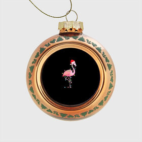 Стеклянный ёлочный шар с принтом Новогодний Фламинго в Екатеринбурге, Стекло | Диаметр: 80 мм | 2021 | гирлянда | год быка | дед мороз | новогодний | новогодняя | новый год | птица | рождество | розовый фламинго | с новым годом | фламинго