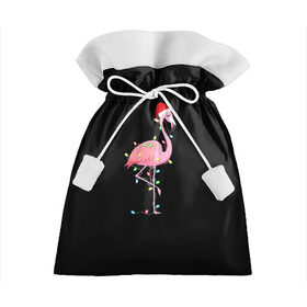 Подарочный 3D мешок с принтом Новогодний Фламинго в Екатеринбурге, 100% полиэстер | Размер: 29*39 см | Тематика изображения на принте: 2021 | гирлянда | год быка | дед мороз | новогодний | новогодняя | новый год | птица | рождество | розовый фламинго | с новым годом | фламинго