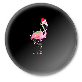 Значок с принтом Новогодний Фламинго в Екатеринбурге,  металл | круглая форма, металлическая застежка в виде булавки | 2021 | гирлянда | год быка | дед мороз | новогодний | новогодняя | новый год | птица | рождество | розовый фламинго | с новым годом | фламинго