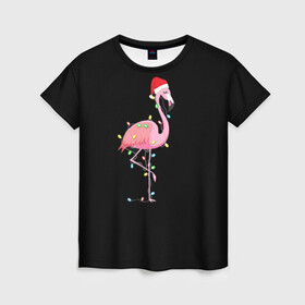 Женская футболка 3D с принтом Новогодний Фламинго в Екатеринбурге, 100% полиэфир ( синтетическое хлопкоподобное полотно) | прямой крой, круглый вырез горловины, длина до линии бедер | 2021 | гирлянда | год быка | дед мороз | новогодний | новогодняя | новый год | птица | рождество | розовый фламинго | с новым годом | фламинго