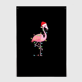 Постер с принтом Новогодний Фламинго в Екатеринбурге, 100% бумага
 | бумага, плотность 150 мг. Матовая, но за счет высокого коэффициента гладкости имеет небольшой блеск и дает на свету блики, но в отличии от глянцевой бумаги не покрыта лаком | 2021 | гирлянда | год быка | дед мороз | новогодний | новогодняя | новый год | птица | рождество | розовый фламинго | с новым годом | фламинго