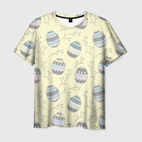 Мужская футболка 3D с принтом Пасхальные яйца в Екатеринбурге, 100% полиэфир | прямой крой, круглый вырез горловины, длина до линии бедер | бог | вера | весна | воскресение | желтый фон | молитва | пасха | пасхальный | пост | религия | храм | христос | церковь | яйца пасхальные