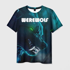 Мужская футболка 3D с принтом WAREWOLF в Екатеринбурге, 100% полиэфир | прямой крой, круглый вырез горловины, длина до линии бедер | глаза волка | зеленые глаза | злой зверь | неоновые глаза | оборотень | оскал волка | оскал оборотня