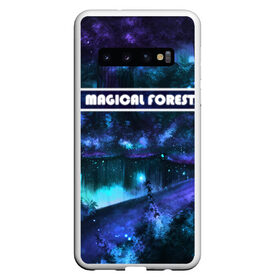 Чехол для Samsung Galaxy S10 с принтом MAGICAL FOREST в Екатеринбурге, Силикон | Область печати: задняя сторона чехла, без боковых панелей | Тематика изображения на принте: звездное небо | магический лес | неоновая пыль | неоновые линии | озеро ночью | отражение в озере | светлячки в лесу