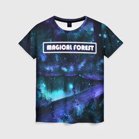 Женская футболка 3D с принтом MAGICAL FOREST в Екатеринбурге, 100% полиэфир ( синтетическое хлопкоподобное полотно) | прямой крой, круглый вырез горловины, длина до линии бедер | звездное небо | магический лес | неоновая пыль | неоновые линии | озеро ночью | отражение в озере | светлячки в лесу