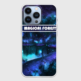 Чехол для iPhone 13 Pro с принтом MAGICAL FOREST в Екатеринбурге,  |  | звездное небо | магический лес | неоновая пыль | неоновые линии | озеро ночью | отражение в озере | светлячки в лесу