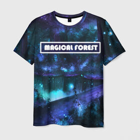 Мужская футболка 3D с принтом MAGICAL FOREST в Екатеринбурге, 100% полиэфир | прямой крой, круглый вырез горловины, длина до линии бедер | Тематика изображения на принте: звездное небо | магический лес | неоновая пыль | неоновые линии | озеро ночью | отражение в озере | светлячки в лесу