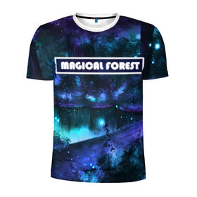 Мужская футболка 3D спортивная с принтом MAGICAL FOREST в Екатеринбурге, 100% полиэстер с улучшенными характеристиками | приталенный силуэт, круглая горловина, широкие плечи, сужается к линии бедра | Тематика изображения на принте: звездное небо | магический лес | неоновая пыль | неоновые линии | озеро ночью | отражение в озере | светлячки в лесу