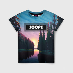 Детская футболка 3D с принтом SCOPE в Екатеринбурге, 100% гипоаллергенный полиэфир | прямой крой, круглый вырез горловины, длина до линии бедер, чуть спущенное плечо, ткань немного тянется | вечернее небо | голубое небо | деревья | закат | лес | неоновая надпись | озеро | река
