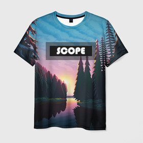 Мужская футболка 3D с принтом SCOPE в Екатеринбурге, 100% полиэфир | прямой крой, круглый вырез горловины, длина до линии бедер | вечернее небо | голубое небо | деревья | закат | лес | неоновая надпись | озеро | река
