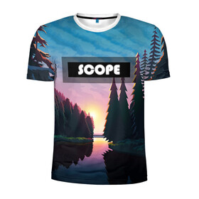 Мужская футболка 3D спортивная с принтом SCOPE в Екатеринбурге, 100% полиэстер с улучшенными характеристиками | приталенный силуэт, круглая горловина, широкие плечи, сужается к линии бедра | вечернее небо | голубое небо | деревья | закат | лес | неоновая надпись | озеро | река