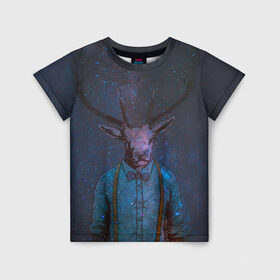 Детская футболка 3D с принтом Космический олень в Екатеринбурге, 100% гипоаллергенный полиэфир | прямой крой, круглый вырез горловины, длина до линии бедер, чуть спущенное плечо, ткань немного тянется | Тематика изображения на принте: 2021 | вселенная | галактика | для мужчин | космический олень | космос | маска | мужчина | новогодний олень | новогодняя | новый год | олень | подарок | праздник | рога | рождество | с новым годом | сказка
