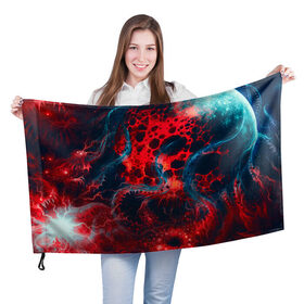 Флаг 3D с принтом Гигантский космический монстр в Екатеринбурге, 100% полиэстер | плотность ткани — 95 г/м2, размер — 67 х 109 см. Принт наносится с одной стороны | абстракция | арт | космос | монстр | огонь | планета | чудовище | щупальца