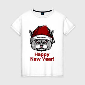 Женская футболка хлопок с принтом Злой кот Happy New Year! в Екатеринбурге, 100% хлопок | прямой крой, круглый вырез горловины, длина до линии бедер, слегка спущенное плечо | 