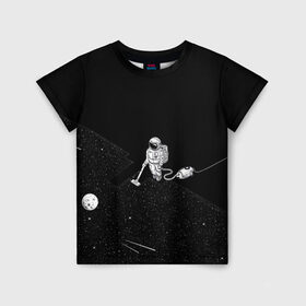 Детская футболка 3D с принтом Космический клининг в Екатеринбурге, 100% гипоаллергенный полиэфир | прямой крой, круглый вырез горловины, длина до линии бедер, чуть спущенное плечо, ткань немного тянется | cleaner | cosmonaut | moon | space | stars | vacuum | звезды | космонавт | космос | луна | пылесос | уборка