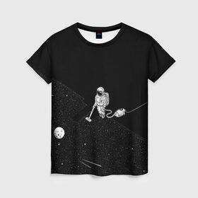 Женская футболка 3D с принтом Космический клининг в Екатеринбурге, 100% полиэфир ( синтетическое хлопкоподобное полотно) | прямой крой, круглый вырез горловины, длина до линии бедер | cleaner | cosmonaut | moon | space | stars | vacuum | звезды | космонавт | космос | луна | пылесос | уборка