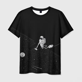 Мужская футболка 3D с принтом Космический клининг в Екатеринбурге, 100% полиэфир | прямой крой, круглый вырез горловины, длина до линии бедер | cleaner | cosmonaut | moon | space | stars | vacuum | звезды | космонавт | космос | луна | пылесос | уборка