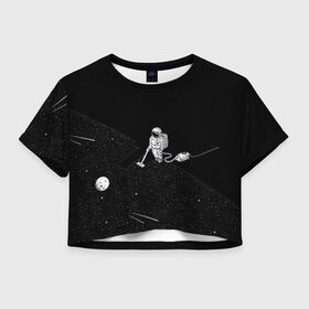 Женская футболка Crop-top 3D с принтом Космический клининг в Екатеринбурге, 100% полиэстер | круглая горловина, длина футболки до линии талии, рукава с отворотами | cleaner | cosmonaut | moon | space | stars | vacuum | звезды | космонавт | космос | луна | пылесос | уборка
