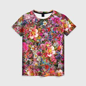 Женская футболка 3D с принтом Разные цветы в Екатеринбурге, 100% полиэфир ( синтетическое хлопкоподобное полотно) | прямой крой, круглый вырез горловины, длина до линии бедер | колокольчики | красота | пион | прикольная | природа | растения | роза | тюльпан | цветок | цветы