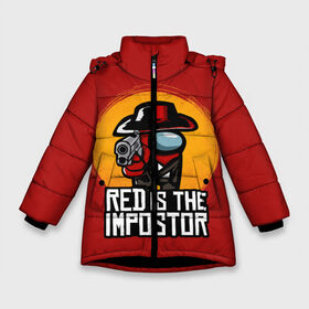 Зимняя куртка для девочек 3D с принтом Red Is The Impostor в Екатеринбурге, ткань верха — 100% полиэстер; подклад — 100% полиэстер, утеплитель — 100% полиэстер. | длина ниже бедра, удлиненная спинка, воротник стойка и отстегивающийся капюшон. Есть боковые карманы с листочкой на кнопках, утяжки по низу изделия и внутренний карман на молнии. 

Предусмотрены светоотражающий принт на спинке, радужный светоотражающий элемент на пуллере молнии и на резинке для утяжки. | among | among us | crewmate | dead | game | impistor | red | redemption | space | us | vote | выживший | игра | космос | красный | невиновный | предатель | самозванец