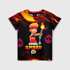 Детская футболка 3D с принтом BRAWL STARS AMBER. в Екатеринбурге, 100% гипоаллергенный полиэфир | прямой крой, круглый вырез горловины, длина до линии бедер, чуть спущенное плечо, ткань немного тянется | 8 bit | amber | brawl stars | colette | crow | gale | leon | max | mecha | mecha crow | mr.p | sally leon | shark | tara | virus 8 bit | werewolf leon | акула | амбер | берли | бравл старс | ворон | коллет | макс | оборотень