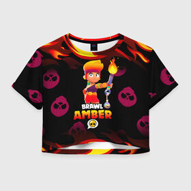 Женская футболка Crop-top 3D с принтом BRAWL STARS AMBER. в Екатеринбурге, 100% полиэстер | круглая горловина, длина футболки до линии талии, рукава с отворотами | 8 bit | amber | brawl stars | colette | crow | gale | leon | max | mecha | mecha crow | mr.p | sally leon | shark | tara | virus 8 bit | werewolf leon | акула | амбер | берли | бравл старс | ворон | коллет | макс | оборотень