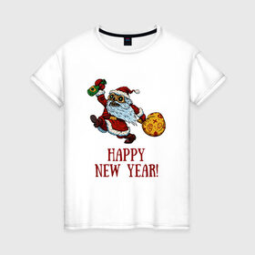 Женская футболка хлопок с принтом Happy New Year! в Екатеринбурге, 100% хлопок | прямой крой, круглый вырез горловины, длина до линии бедер, слегка спущенное плечо | 