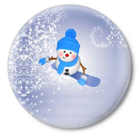 Значок с принтом Новогодний Снеговик в Екатеринбурге,  металл | круглая форма, металлическая застежка в виде булавки | Тематика изображения на принте: 