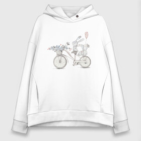 Женское худи Oversize хлопок с принтом Кролики на велосипеде в Екатеринбурге, френч-терри — 70% хлопок, 30% полиэстер. Мягкий теплый начес внутри —100% хлопок | боковые карманы, эластичные манжеты и нижняя кромка, капюшон на магнитной кнопке | ball | bike | bunny | flowers | велосипед | зайчики | кролики | цветы | шарик