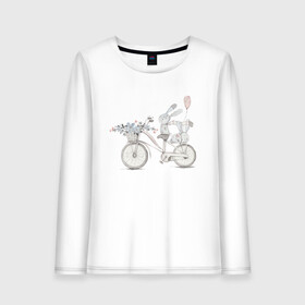 Женский лонгслив хлопок с принтом Кролики на велосипеде в Екатеринбурге, 100% хлопок |  | ball | bike | bunny | flowers | велосипед | зайчики | кролики | цветы | шарик