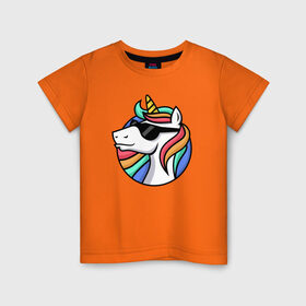 Детская футболка хлопок с принтом Стильный единорог в Екатеринбурге, 100% хлопок | круглый вырез горловины, полуприлегающий силуэт, длина до линии бедер | rainbow | unicorn | единорог | очки | радуга
