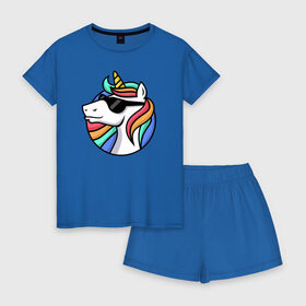 Женская пижама с шортиками хлопок с принтом Стильный единорог в Екатеринбурге, 100% хлопок | футболка прямого кроя, шорты свободные с широкой мягкой резинкой | rainbow | unicorn | единорог | очки | радуга