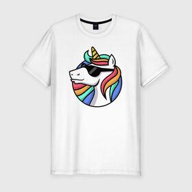 Мужская футболка хлопок Slim с принтом Стильный единорог в Екатеринбурге, 92% хлопок, 8% лайкра | приталенный силуэт, круглый вырез ворота, длина до линии бедра, короткий рукав | rainbow | unicorn | единорог | очки | радуга