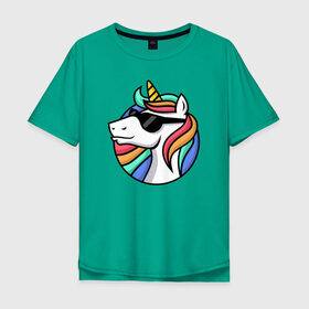 Мужская футболка хлопок Oversize с принтом Стильный единорог в Екатеринбурге, 100% хлопок | свободный крой, круглый ворот, “спинка” длиннее передней части | rainbow | unicorn | единорог | очки | радуга